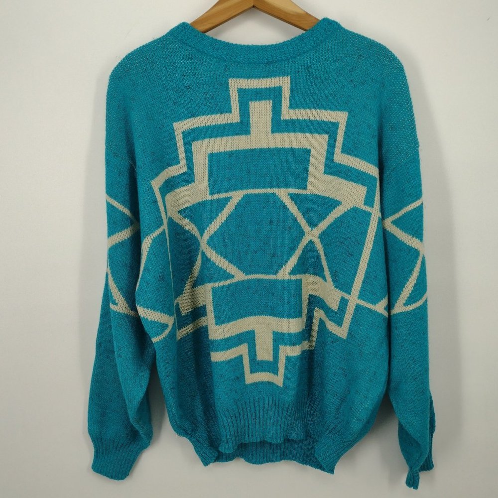 Vintage Unionbay Aztec Pattern Aqua Blue & Cream Cozy Oversized Winter Sweater